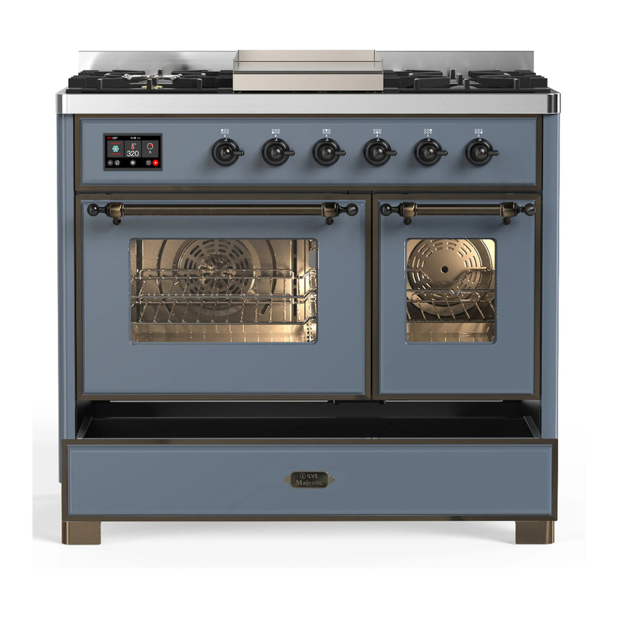ILVE Majestic III 40-inch Dual Fuel Range with 6 Natural Gas Burner, Griddle and Triple Glass Door Electric Oven in Blue Grey with Burnished Trim (UMD40FNR3BGB)