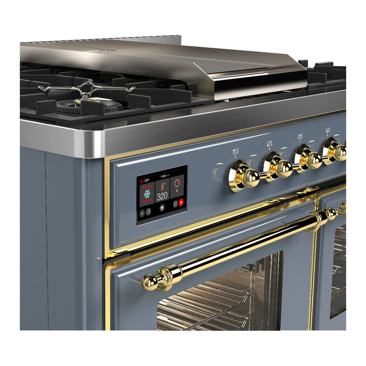 ILVE Majestic III 40-inch Dual Fuel Range with 5 Liquid Propane Burner, Griddle and Triple Glass Door Electric Oven in Blue Grey with Brass Trim (UMD40FNR3BGGLP)