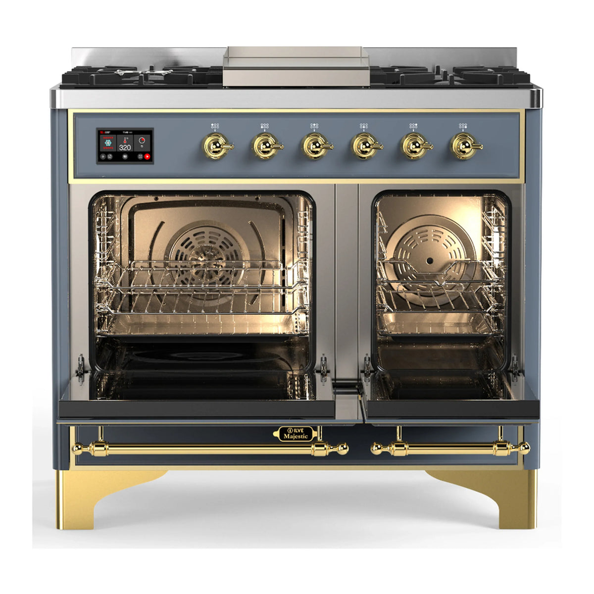 ILVE Majestic III 40-inch Dual Fuel Range with 5 Liquid Propane Burner, Griddle and Triple Glass Door Electric Oven in Blue Grey with Brass Trim (UMD40FNR3BGGLP)