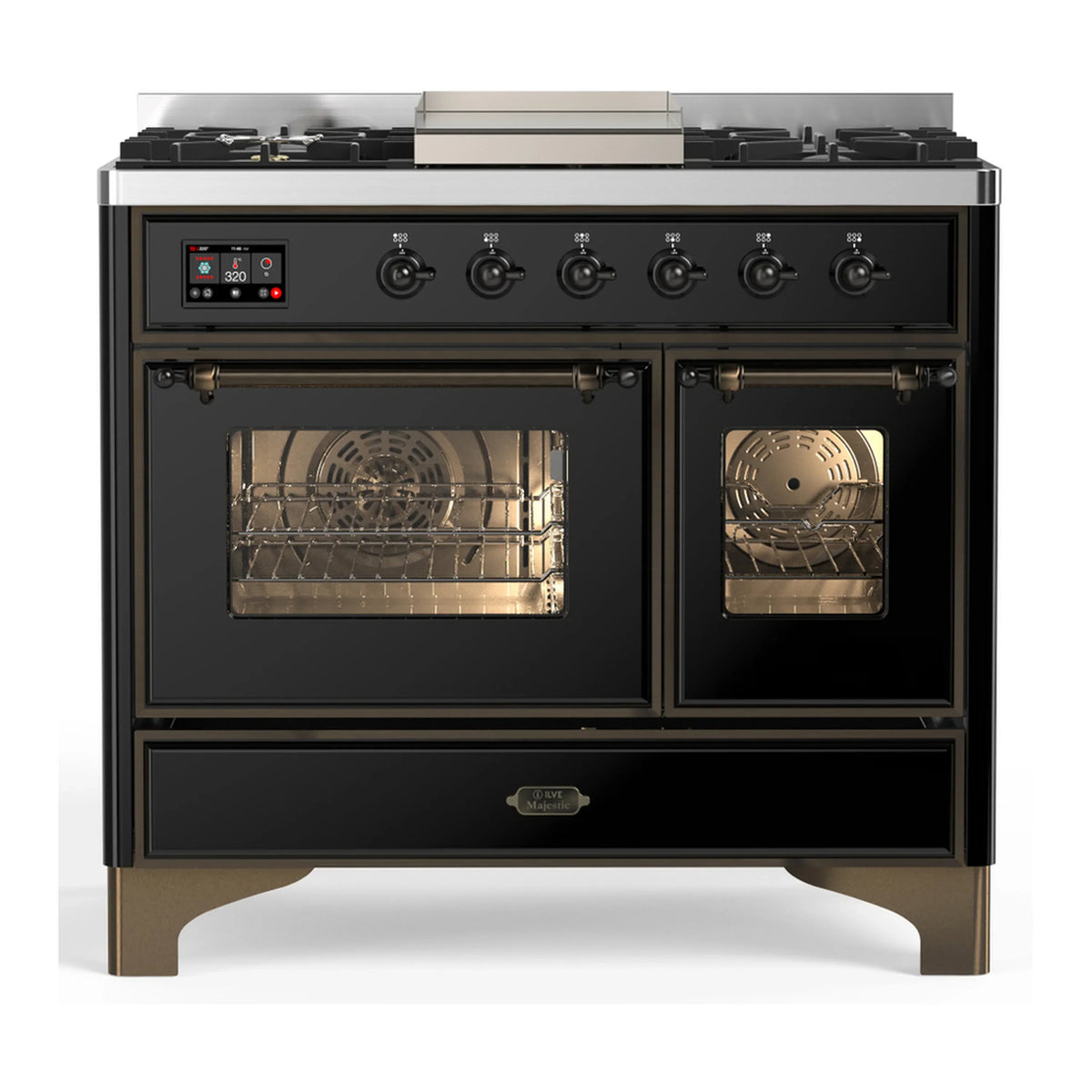 ILVE Majestic III 40-Inch LP Dual Fuel Range, 5 Burners, Griddle, Triple Glass Door Oven, Glossy Black with Burnished Trim (UMD40FNR3BKBLP)