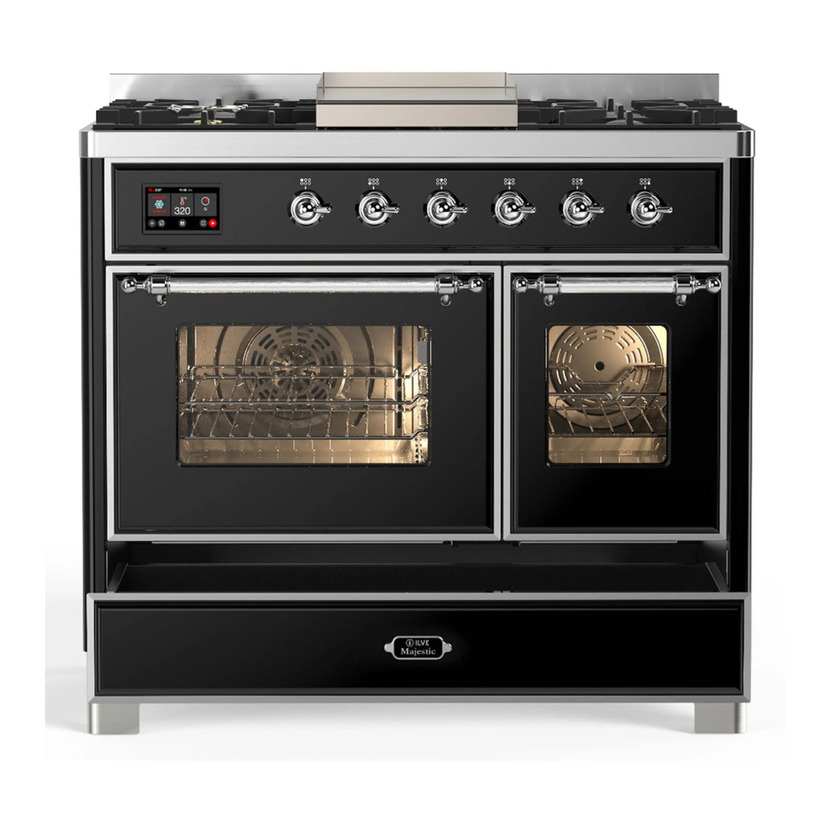 ILVE Majestic III 40-Inch NG Dual Fuel Range, 6 Burners, Griddle, Triple Glass Door Oven, Glossy Black with Chrome Trim (UMD40FNR3BKC)