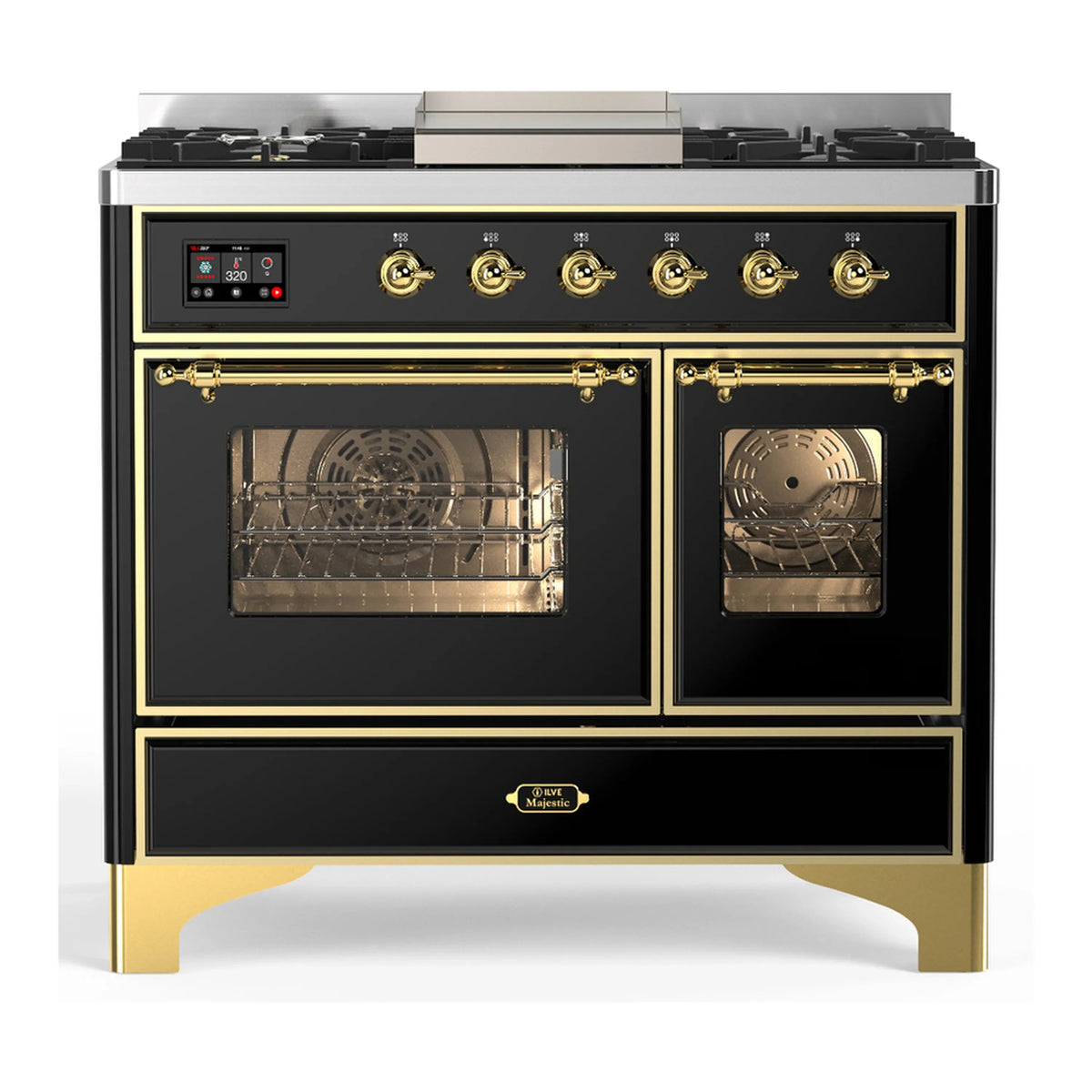ILVE Majestic III 40-Inch LP Dual Fuel Range, 5 Burners, Griddle, Triple Glass Door Oven, Glossy Black with Brass Trim (UMD40FNR3BKGLP)