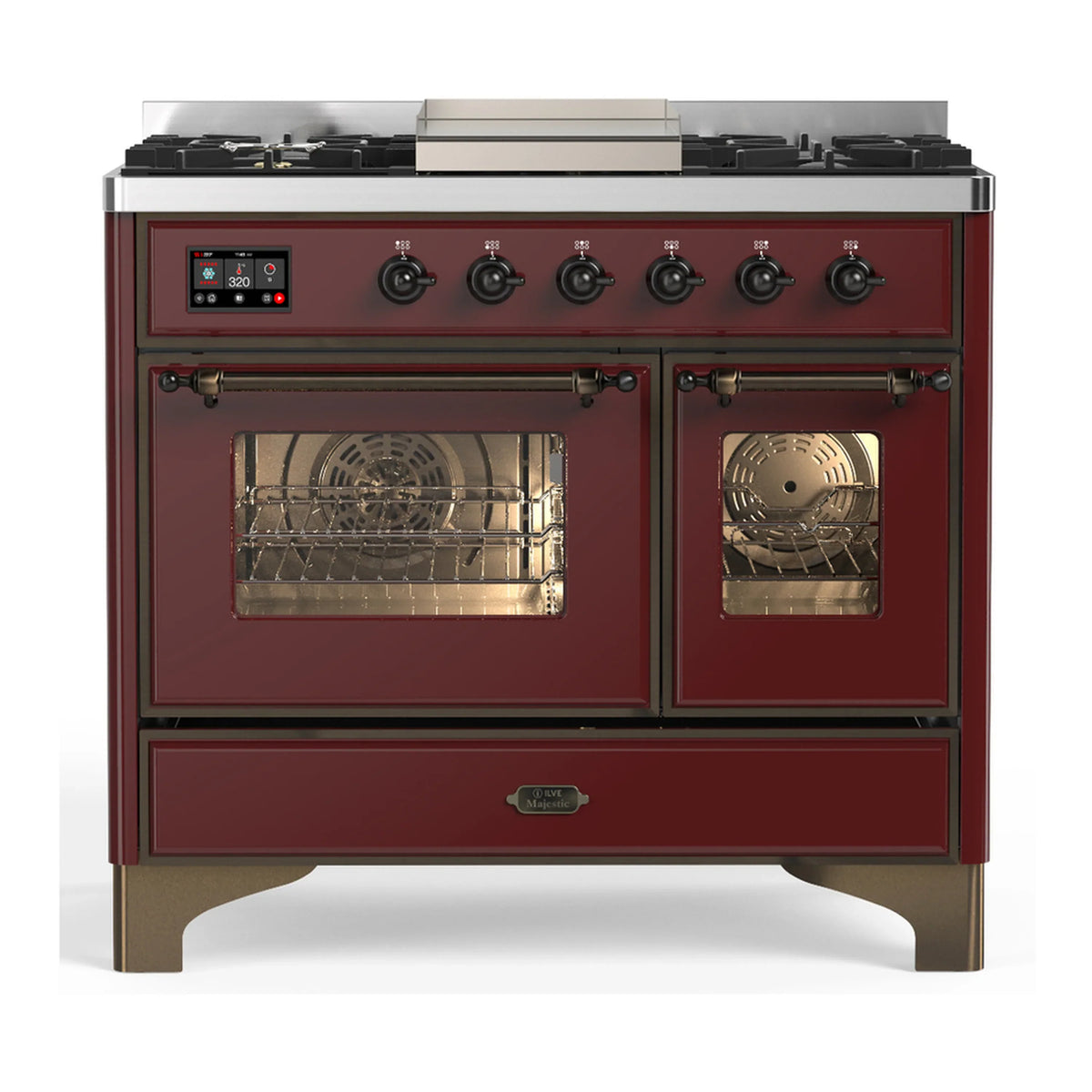ILVE Majestic III 40-Inch LP Dual Fuel Range, 5 Burners, Griddle, Triple Glass Door Oven, Burgundy with Burnished Trim (UMD40FNR3BUBLP)
