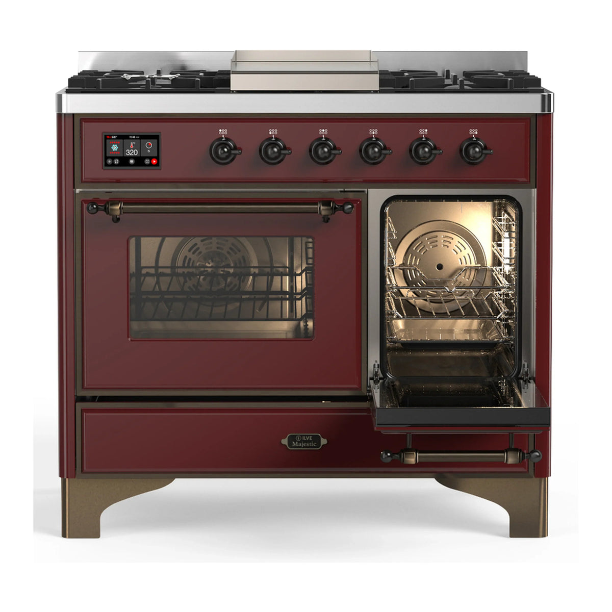 ILVE Majestic III 40-inch Dual Fuel Range with 6 Natural Gas Burner, Griddle and Triple Glass Door Electric Oven in Burgundy with Burnished Trim (UMD40FNR3BUB)