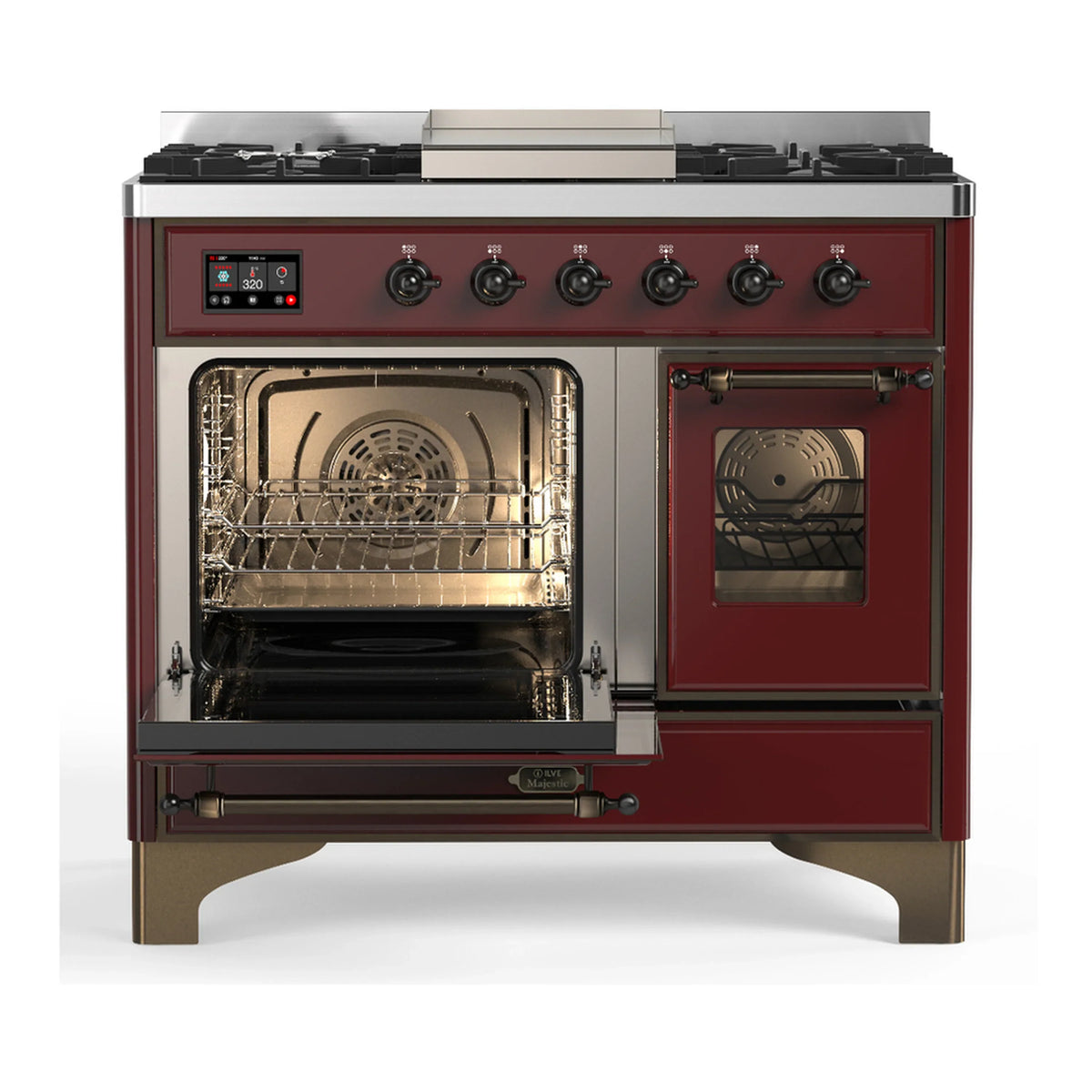 ILVE Majestic III 40-inch Dual Fuel Range with 6 Natural Gas Burner, Griddle and Triple Glass Door Electric Oven in Burgundy with Burnished Trim (UMD40FNR3BUB)