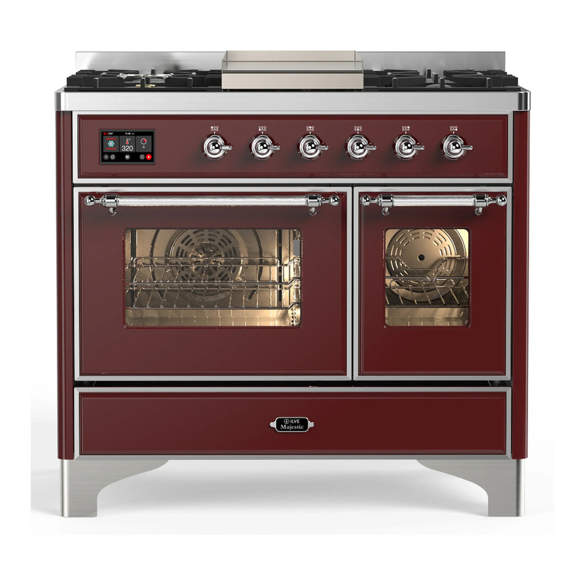 ILVE Majestic III 40-inch Dual Fuel Range with 5 Liquid Propane Burner, Griddle and Triple Glass Door Electric Oven in Burgundy with Chrome Trim (UMD40FNR3BUCLP)