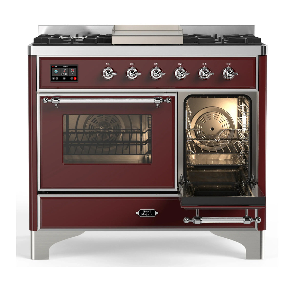 ILVE Majestic III 40-inch Dual Fuel Range with 5 Liquid Propane Burner, Griddle and Triple Glass Door Electric Oven in Burgundy with Chrome Trim (UMD40FNR3BUCLP)