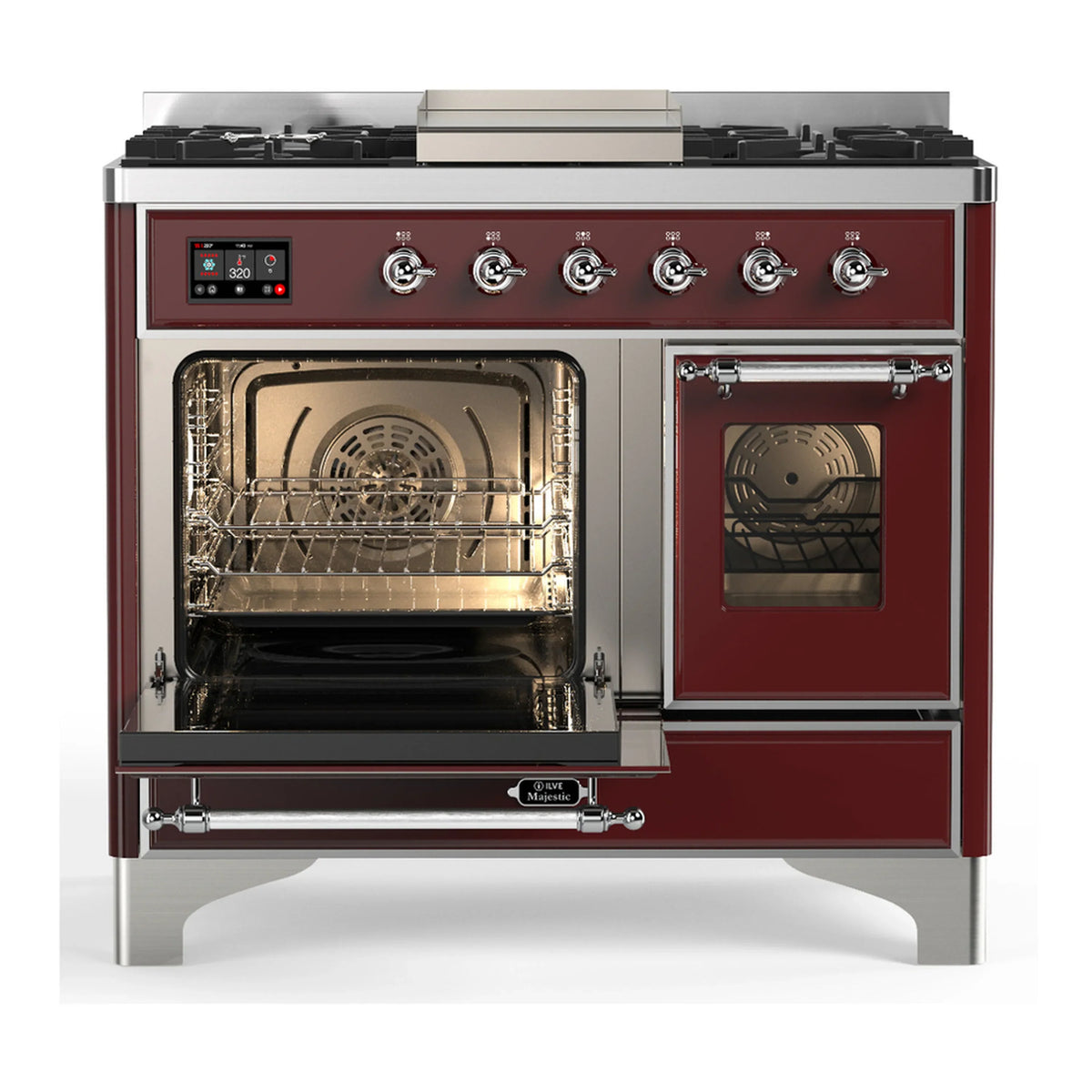 ILVE Majestic III 40-inch Dual Fuel Range with 5 Liquid Propane Burner, Griddle and Triple Glass Door Electric Oven in Burgundy with Chrome Trim (UMD40FNR3BUCLP)