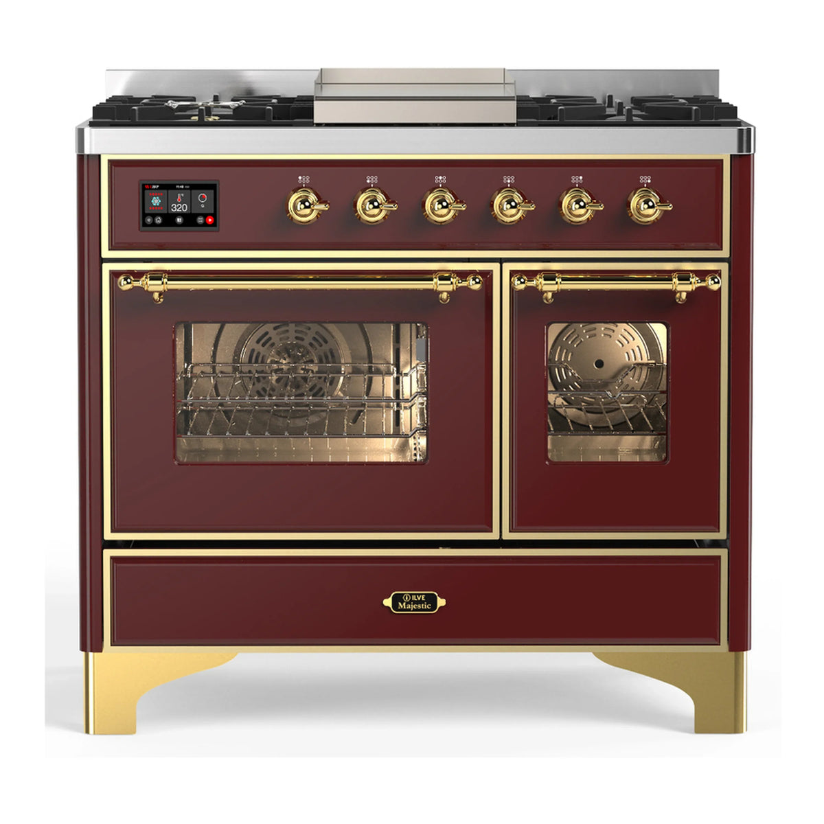 ILVE Majestic III 40-Inch NG Dual Fuel Range, 6 Burners, Griddle, Triple Glass Door Oven, Burgundy with Brass Trim (UMD40FNR3BUG)