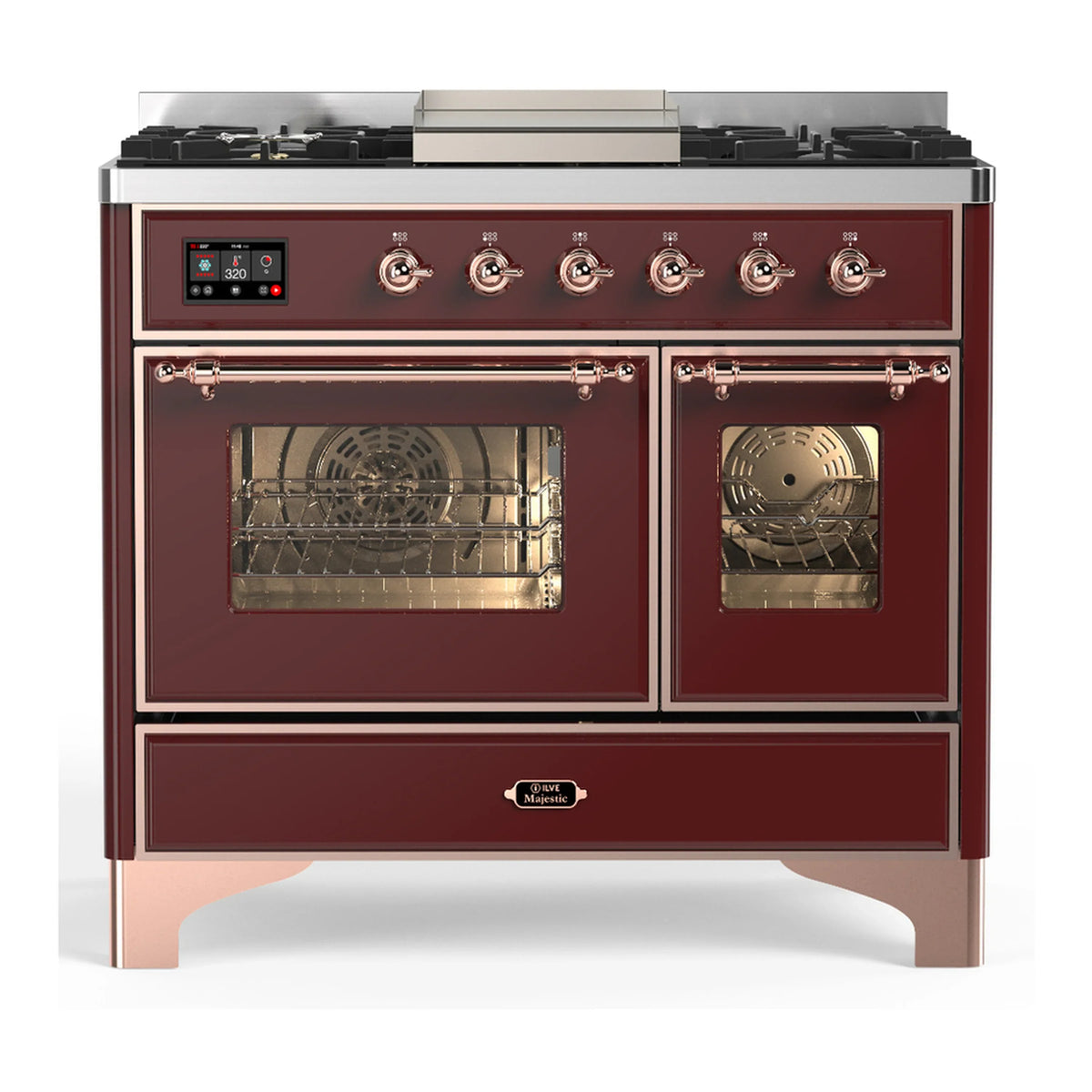ILVE Majestic III 40-Inch NG Dual Fuel Range, 6 Burners, Griddle, Triple Glass Door Oven, Burgundy with Copper Trim (UMD40FNR3BUP)