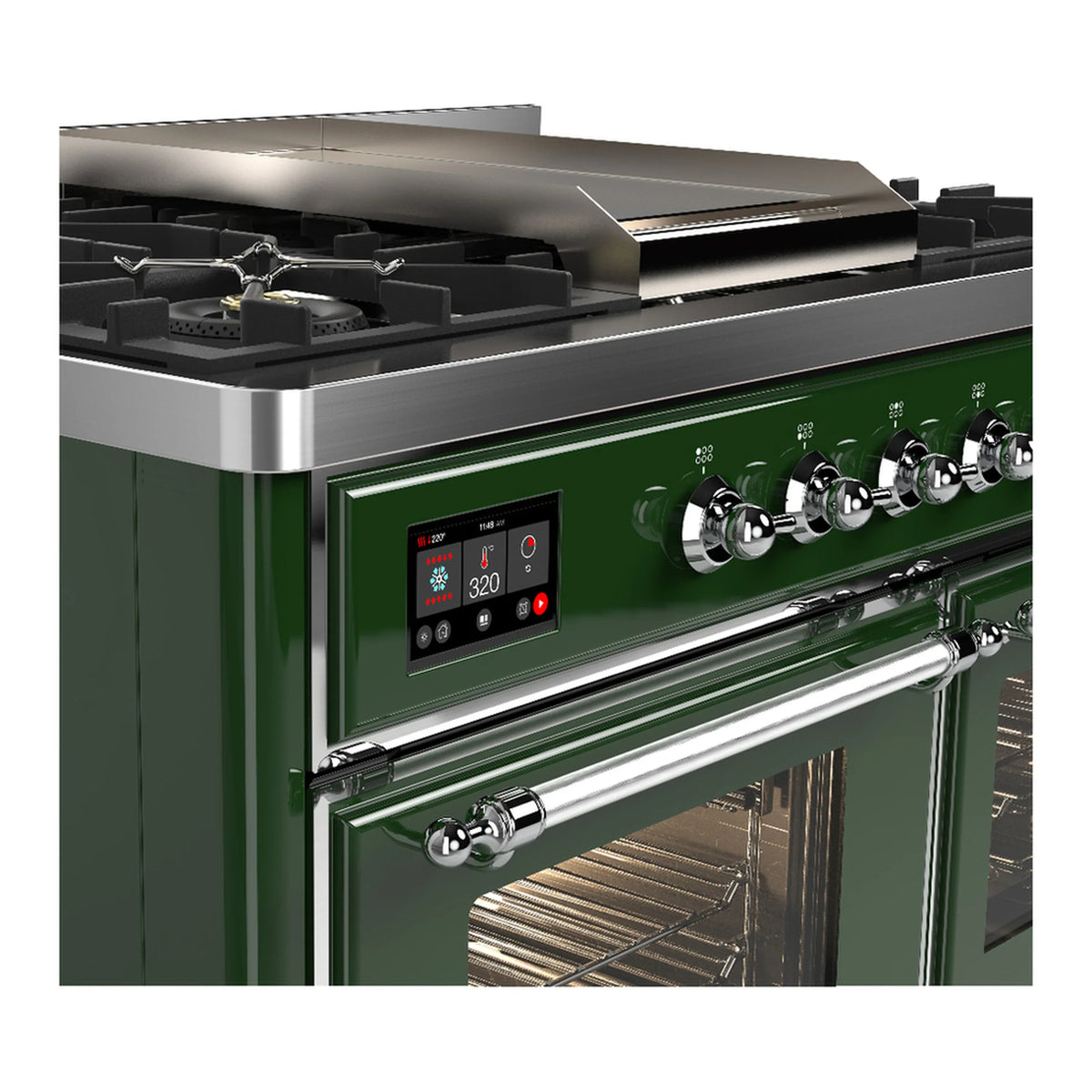 ILVE Majestic III 40-inch Dual Fuel Range with 6 Natural Gas Burner, Griddle and Triple Glass Door Electric Oven in Emerald Green with Chrome Trim (UMD40FNR3EGC)