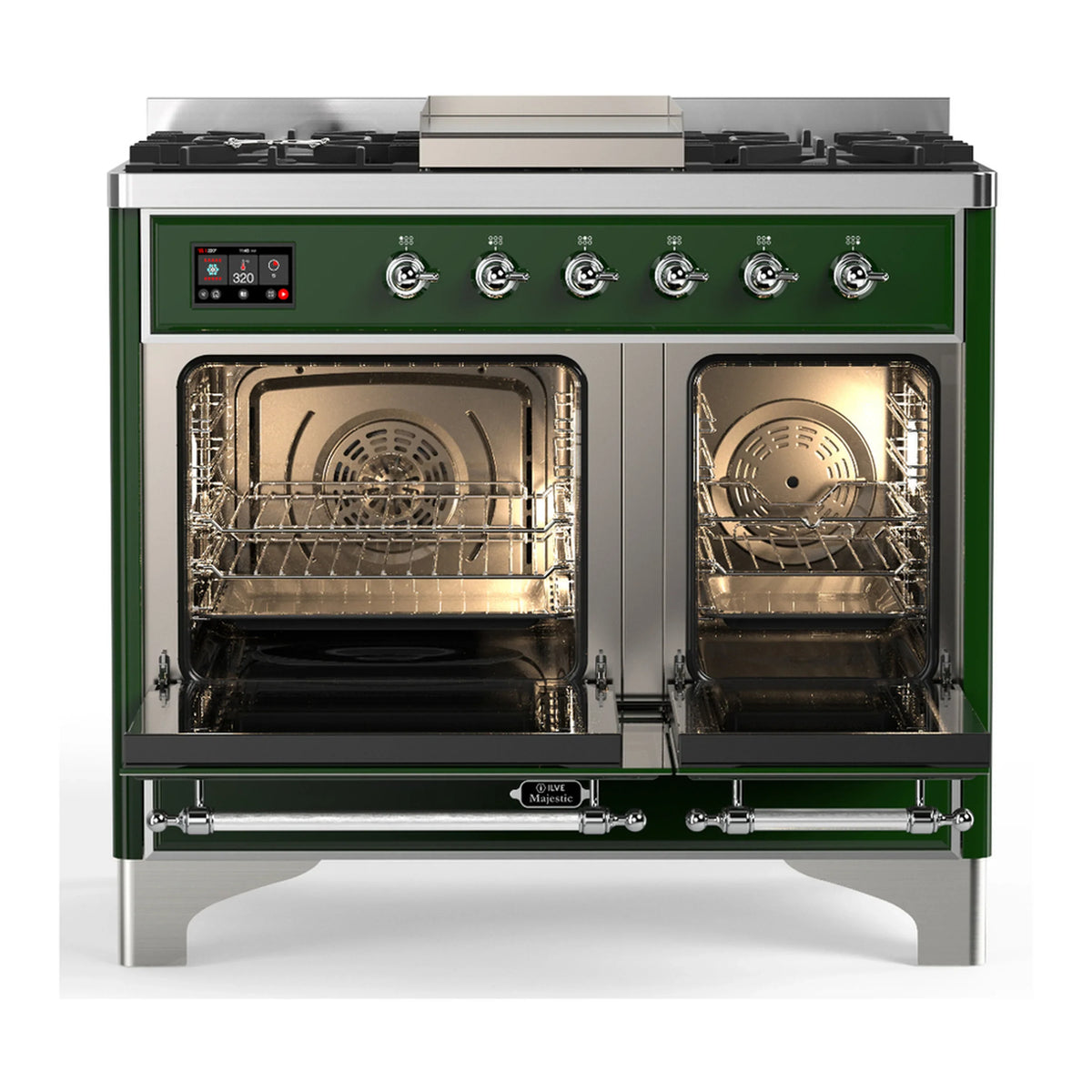 ILVE Majestic III 40-inch Dual Fuel Range with 5 Liquid Propane Burner, Griddle and Triple Glass Door Electric Oven in Emerald Green with Chrome Trim (UMD40FNR3EGCLP)