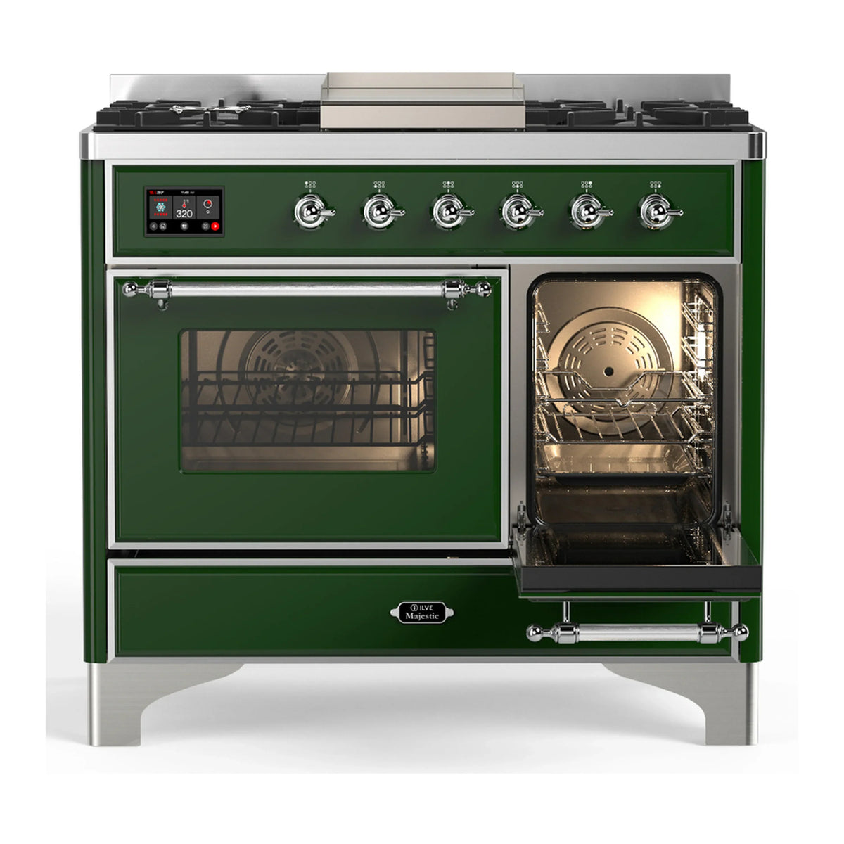 ILVE Majestic III 40-inch Dual Fuel Range with 5 Liquid Propane Burner, Griddle and Triple Glass Door Electric Oven in Emerald Green with Chrome Trim (UMD40FNR3EGCLP)