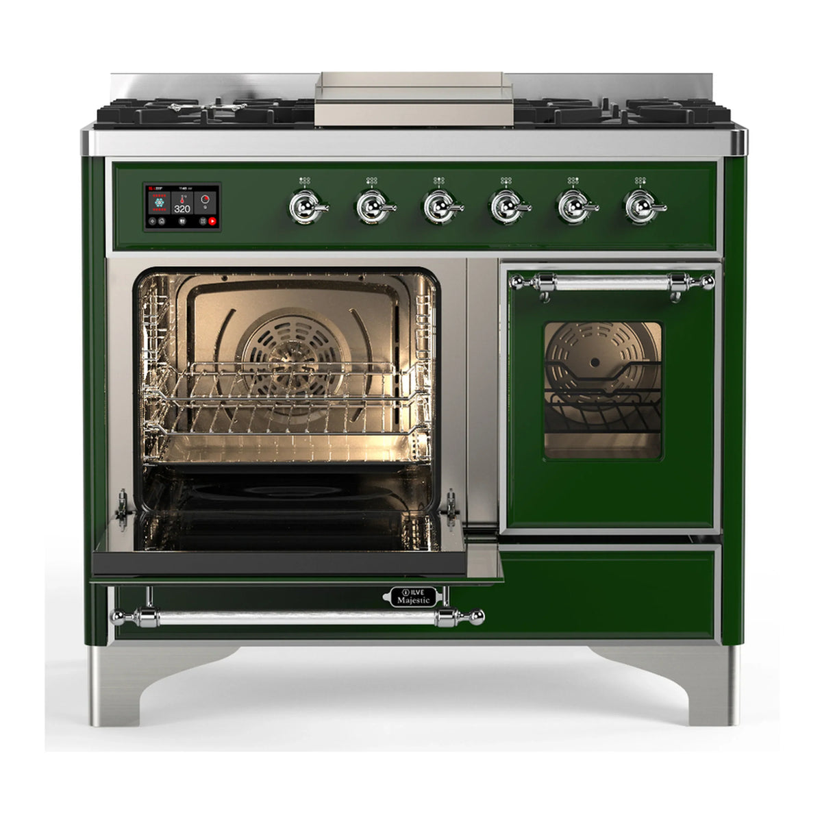 ILVE Majestic III 40-inch Dual Fuel Range with 5 Liquid Propane Burner, Griddle and Triple Glass Door Electric Oven in Emerald Green with Chrome Trim (UMD40FNR3EGCLP)
