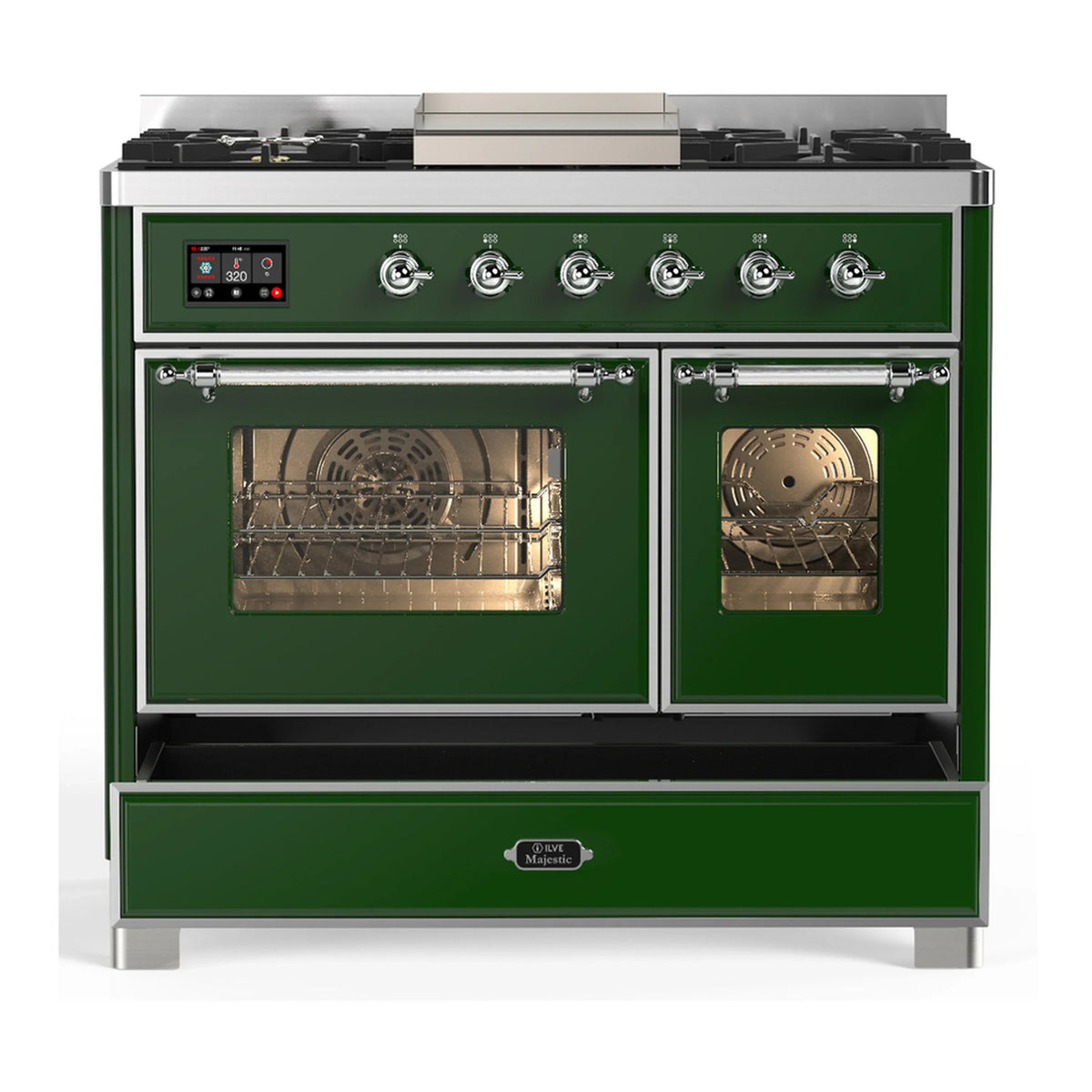ILVE Majestic III 40-inch Dual Fuel Range with 5 Liquid Propane Burner, Griddle and Triple Glass Door Electric Oven in Emerald Green with Chrome Trim (UMD40FNR3EGCLP)