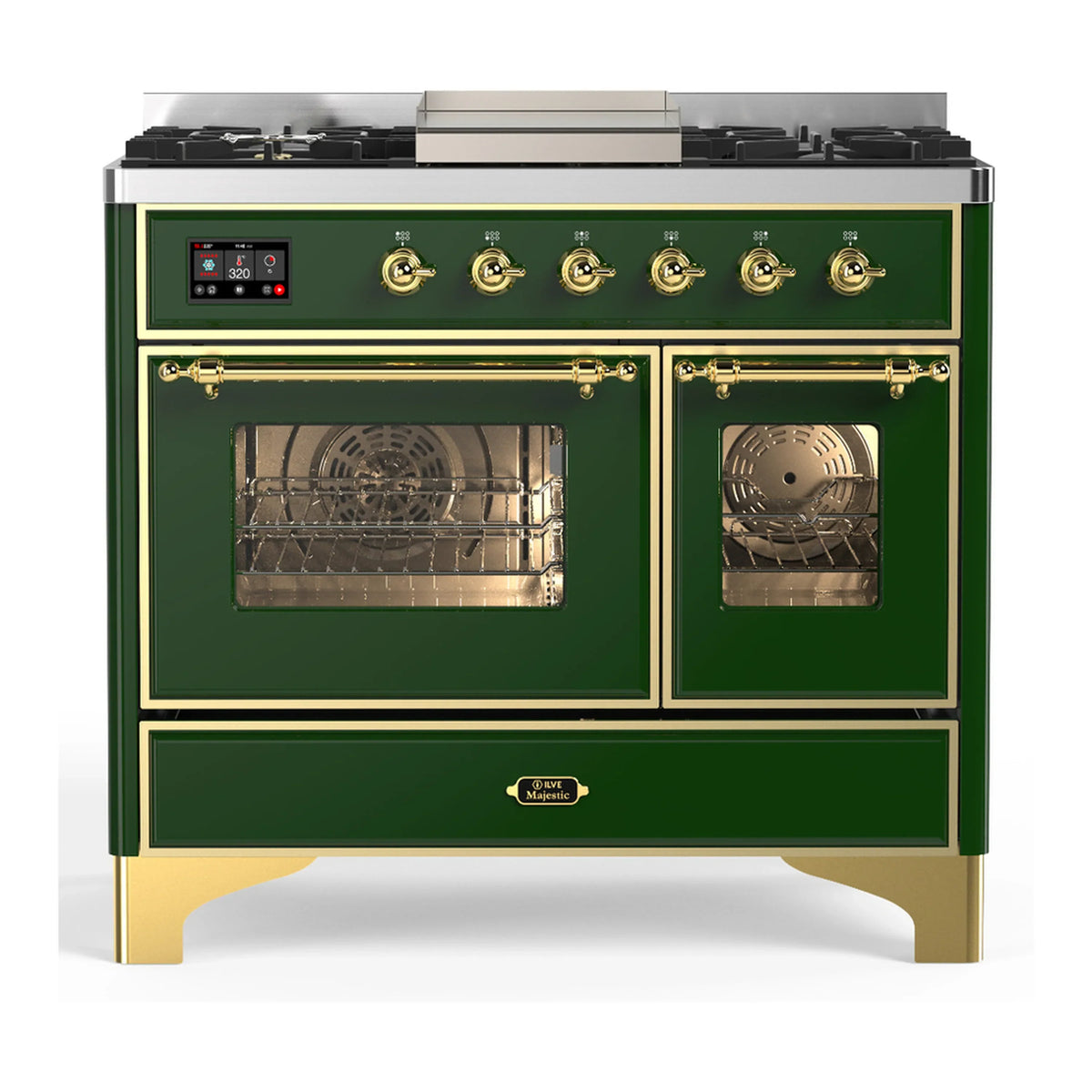 ILVE Majestic III 40-Inch NG Dual Fuel Range, 6 Burners, Griddle, Triple Glass Door Oven, Emerald Green with Brass Trim (UMD40FNR3EGG)