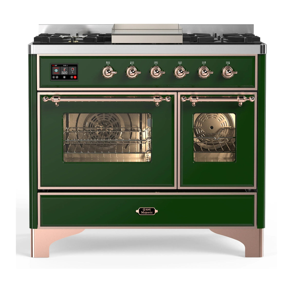 ILVE Majestic III 40-Inch LP Dual Fuel Range, 5 Burners, Griddle, Triple Glass Door Oven, Emerald Green with Copper Trim (UMD40FNR3EGPLP)
