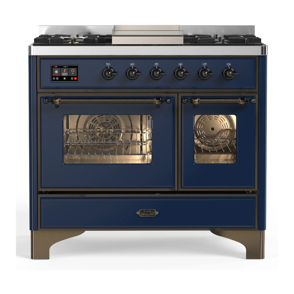 ILVE Majestic III 40-Inch LP Dual Fuel Range, 5 Burners, Griddle, Triple Glass Door Oven, Midnight Blue with Burnished Trim (UMD40FNR3MBBLP)