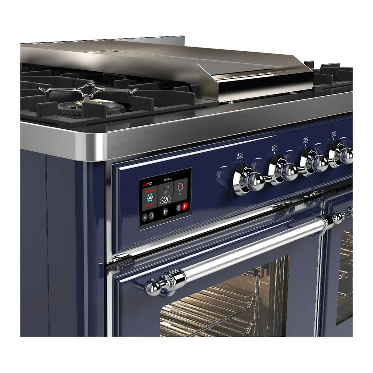 ILVE Majestic III 40-inch Dual Fuel Range with 6 Natural Gas Burner, Griddle and Triple Glass Door Electric Oven in Midnight Blue with Chrome Trim (UMD40FNR3MBC)