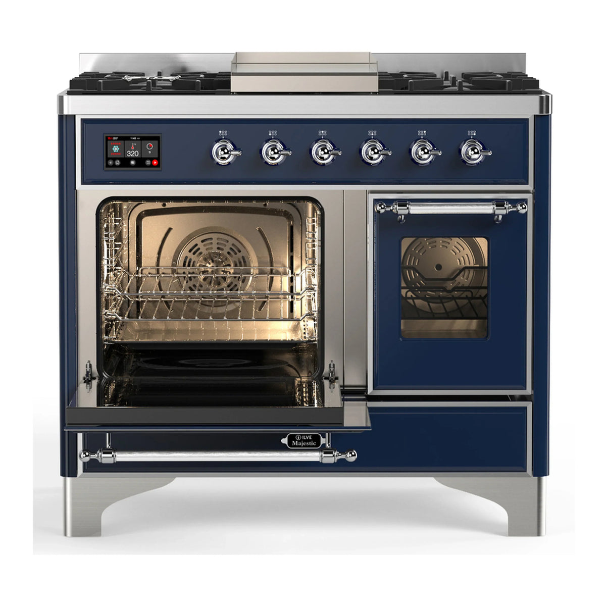 ILVE Majestic III 40-inch Dual Fuel Range with 6 Natural Gas Burner, Griddle and Triple Glass Door Electric Oven in Midnight Blue with Chrome Trim (UMD40FNR3MBC)