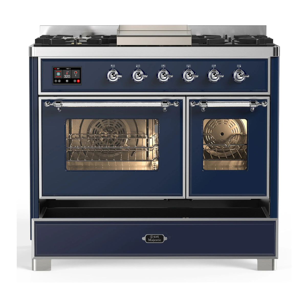 ILVE Majestic III 40-inch Dual Fuel Range with 6 Natural Gas Burner, Griddle and Triple Glass Door Electric Oven in Midnight Blue with Chrome Trim (UMD40FNR3MBC)