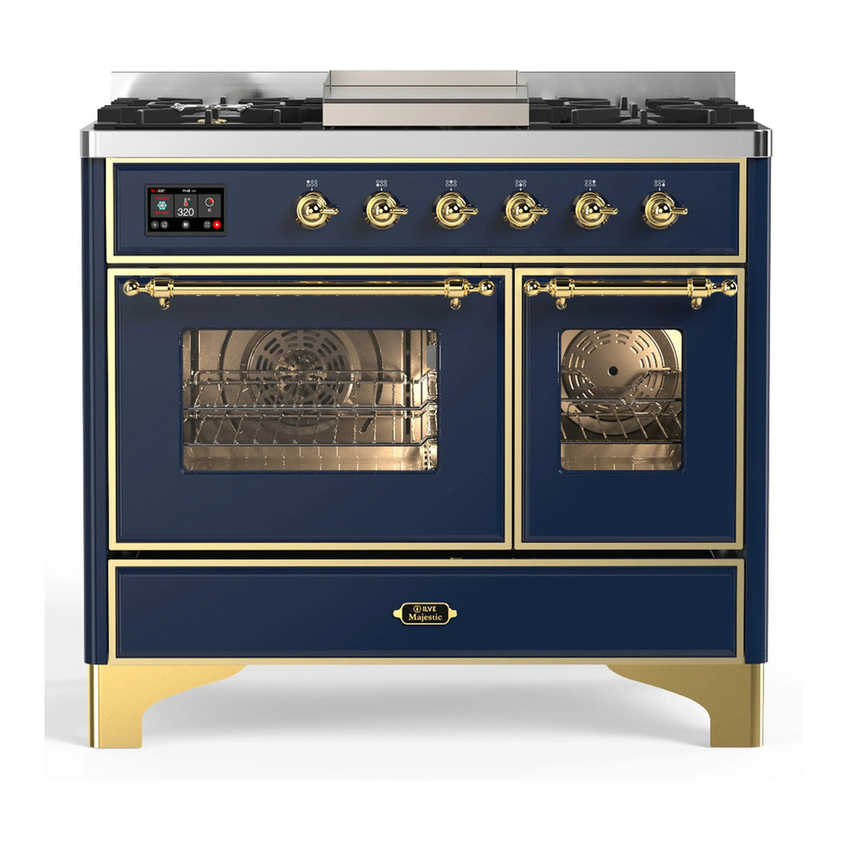 ILVE Majestic III 40-inch Dual Fuel Range with 5 Liquid Propane Burner, Griddle and Triple Glass Door Electric Oven in Midnight Blue with Brass Trim (UMD40FNR3MBGLP)