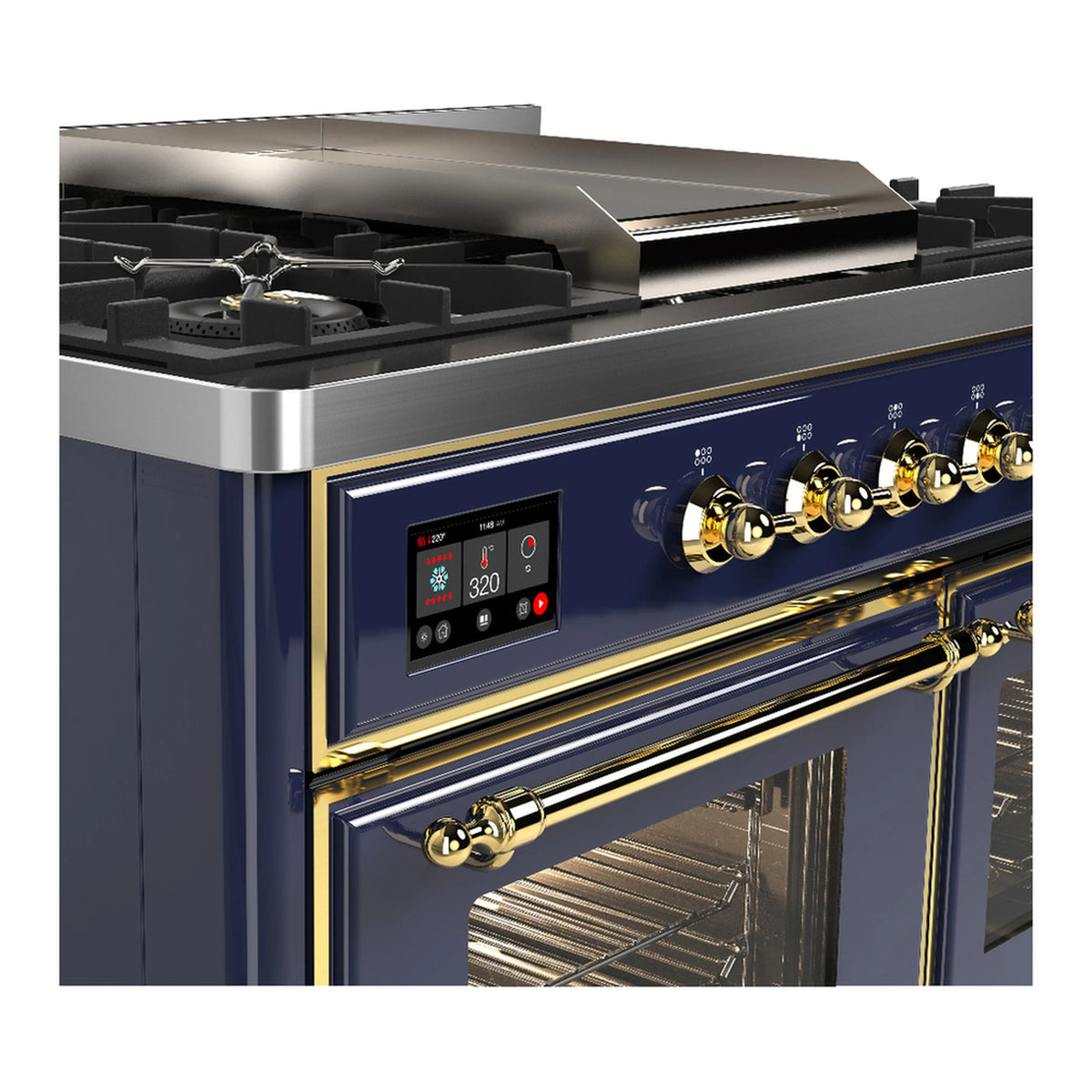 ILVE Majestic III 40-inch Dual Fuel Range with 6 Natural Gas Burner, Griddle and Triple Glass Door Electric Oven in Midnight Blue with Brass Trim (UMD40FNR3MBG)