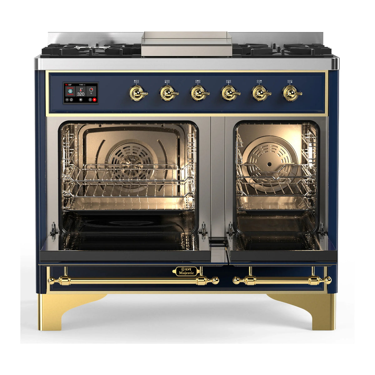 ILVE Majestic III 40-inch Dual Fuel Range with 5 Liquid Propane Burner, Griddle and Triple Glass Door Electric Oven in Midnight Blue with Brass Trim (UMD40FNR3MBGLP)