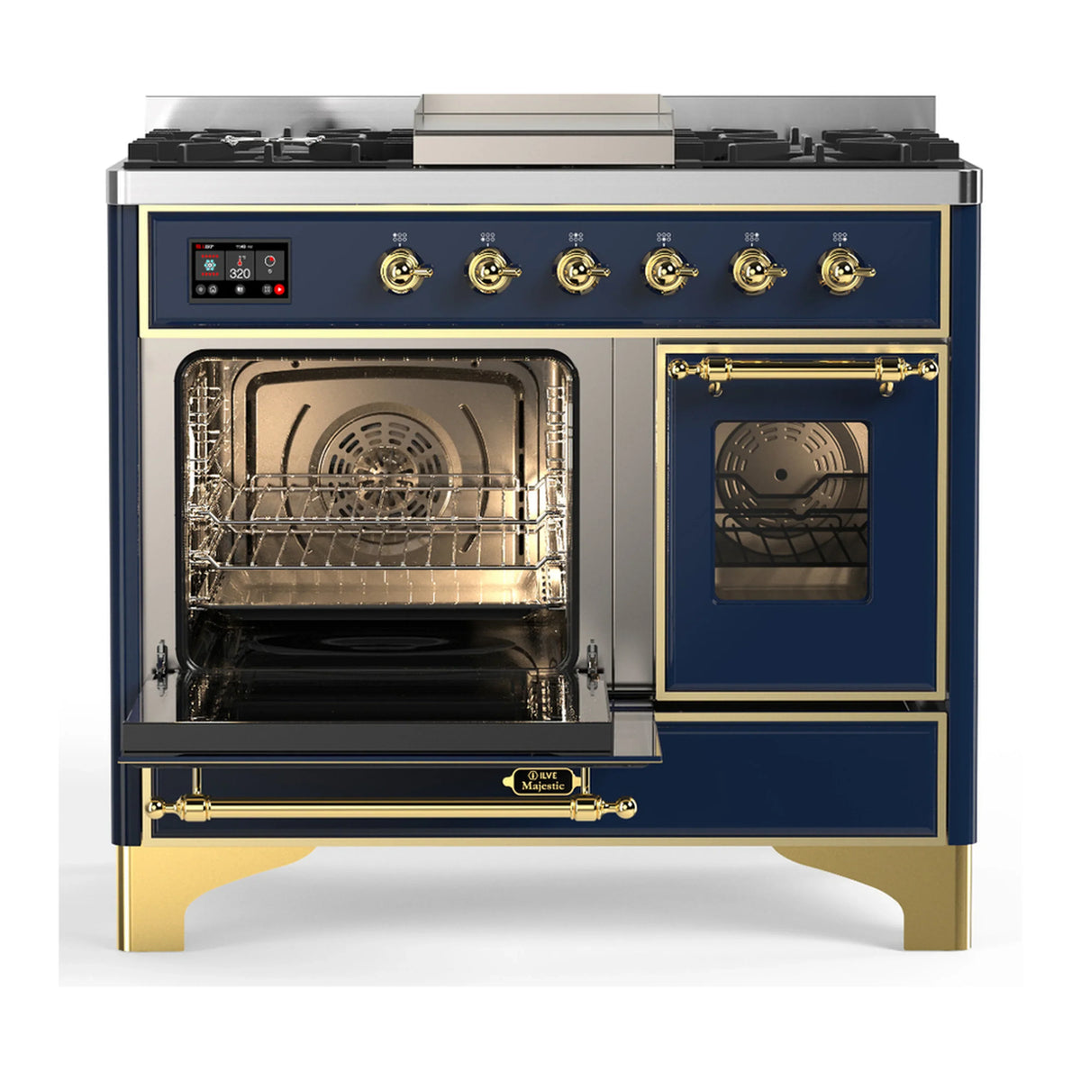 ILVE Majestic III 40-inch Dual Fuel Range with 6 Natural Gas Burner, Griddle and Triple Glass Door Electric Oven in Midnight Blue with Brass Trim (UMD40FNR3MBG)