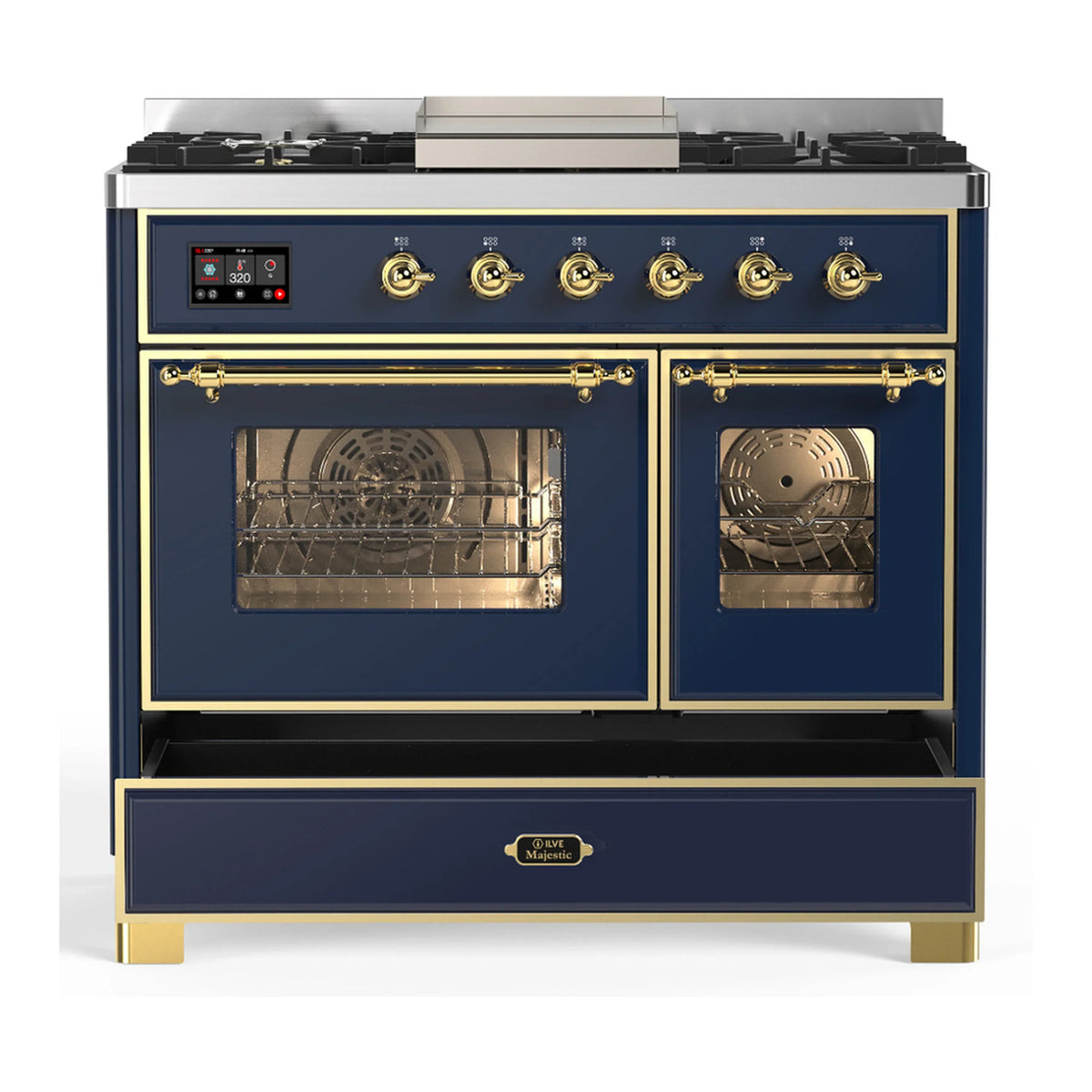 ILVE Majestic III 40-inch Dual Fuel Range with 6 Natural Gas Burner, Griddle and Triple Glass Door Electric Oven in Midnight Blue with Brass Trim (UMD40FNR3MBG)