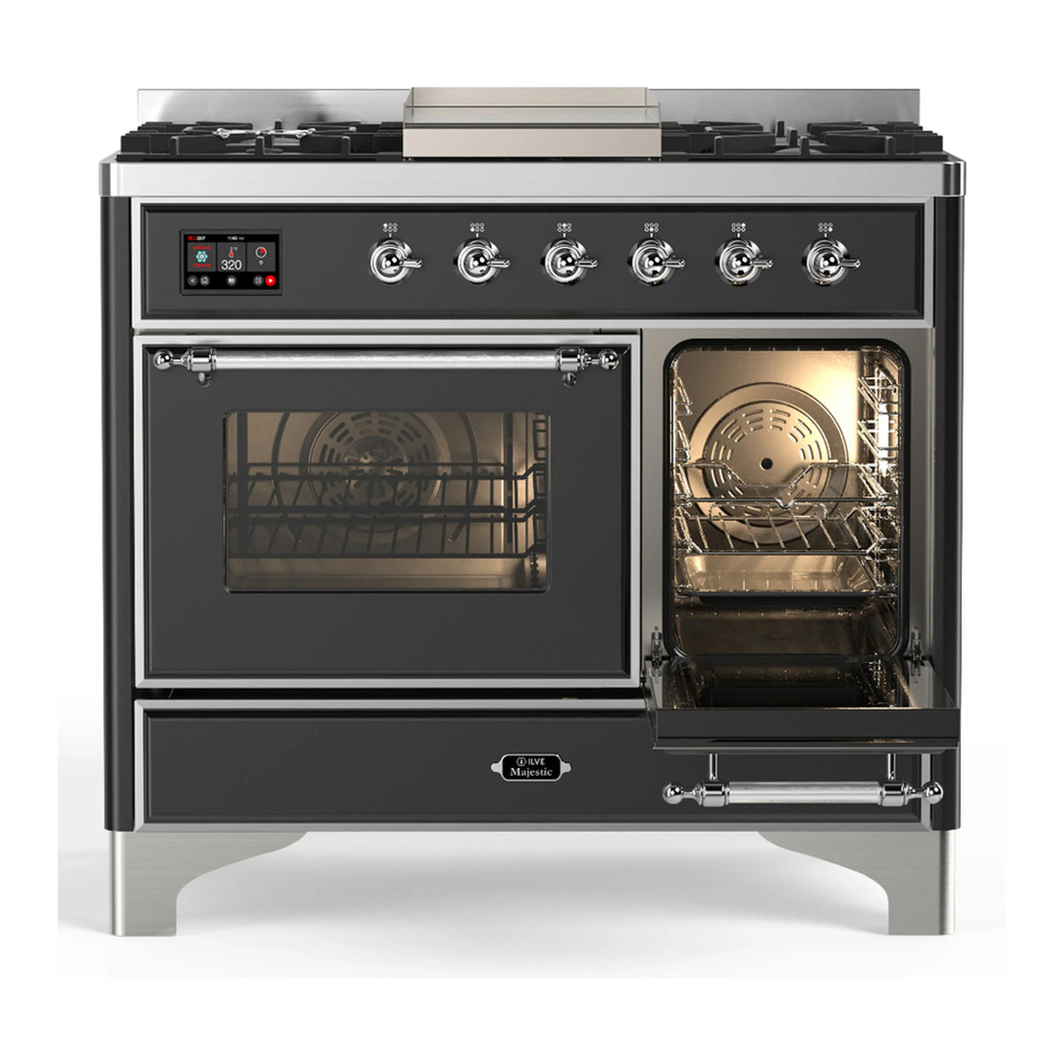 ILVE Majestic III 40-inch Dual Fuel Range with 5 Liquid Propane Burner, Griddle and Triple Glass Door Electric Oven in Graphite Matte with Chrome Trim (UMD40FNR3MGCLP)
