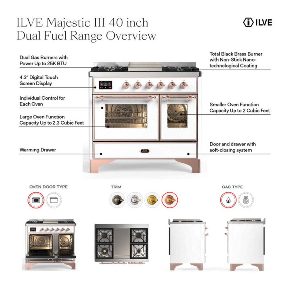 ILVE Majestic III 40-inch Dual Fuel Range with 6 Natural Gas Burner, Griddle and Triple Glass Door Electric Oven in Mediterranean Mint with Brass Trim (UMD40FNR3MMG)