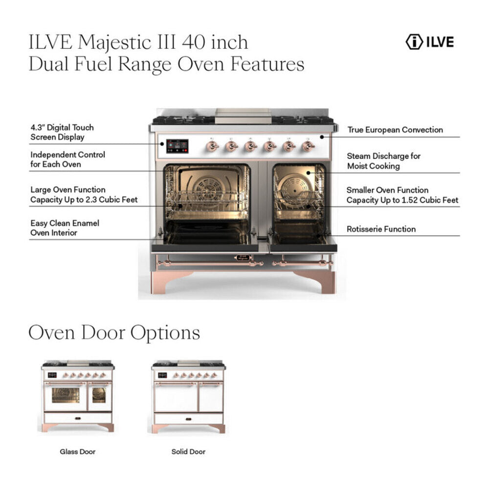 ILVE Majestic III 40-inch Dual Fuel Range with 6 Natural Gas Burner, Griddle and Triple Glass Door Electric Oven in Mediterranean Mint with Brass Trim (UMD40FNR3MMG)