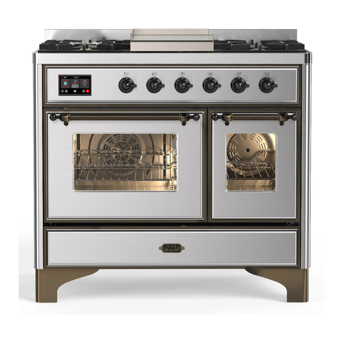 ILVE Majestic III 40-inch Dual Fuel Range with 5 Liquid Propane Burner, Griddle and Triple Glass Door Electric Oven in Stainless Steel with Burnished Trim (UMD40FNR3SSBLP)
