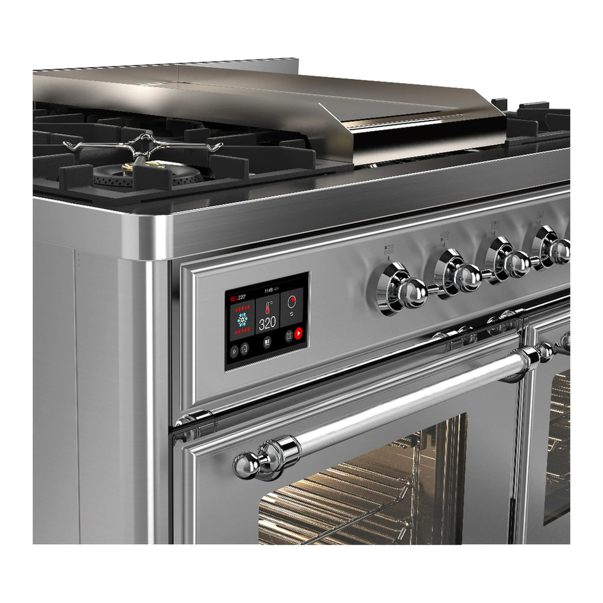ILVE Majestic III 40-inch Dual Fuel Range with 5 Liquid Propane Burner, Griddle and Triple Glass Door Electric Oven in Stainless Steel with Chrome Trim (UMD40FNR3SSCLP)