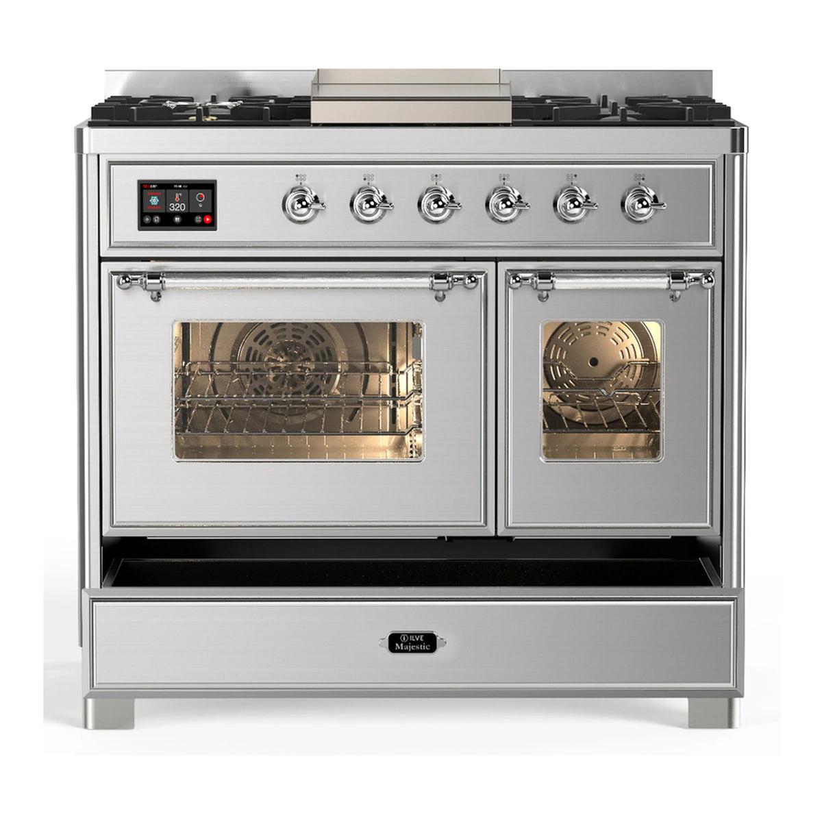ILVE Majestic III 40-inch Dual Fuel Range with 5 Liquid Propane Burner, Griddle and Triple Glass Door Electric Oven in Stainless Steel with Chrome Trim (UMD40FNR3SSCLP)