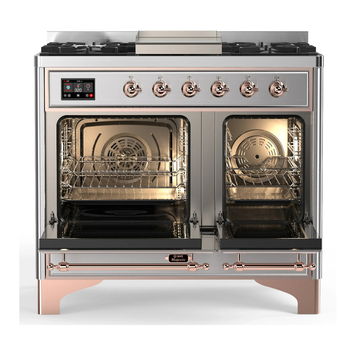 ILVE Majestic III 40-inch Dual Fuel Range with 6 Natural Gas Burner, Griddle and Triple Glass Door Electric Oven in Stainless Steel with Copper Trim (UMD40FNR3SSP)