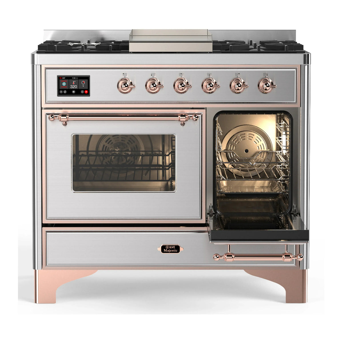 ILVE Majestic III 40-inch Dual Fuel Range with 6 Natural Gas Burner, Griddle and Triple Glass Door Electric Oven in Stainless Steel with Copper Trim (UMD40FNR3SSP)