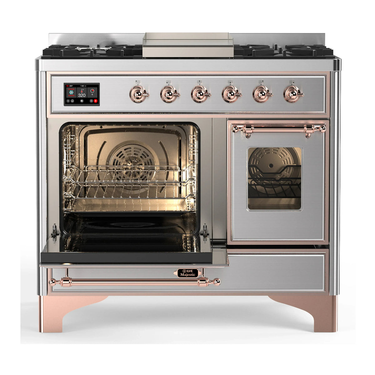 ILVE Majestic III 40-inch Dual Fuel Range with 6 Natural Gas Burner, Griddle and Triple Glass Door Electric Oven in Stainless Steel with Copper Trim (UMD40FNR3SSP)
