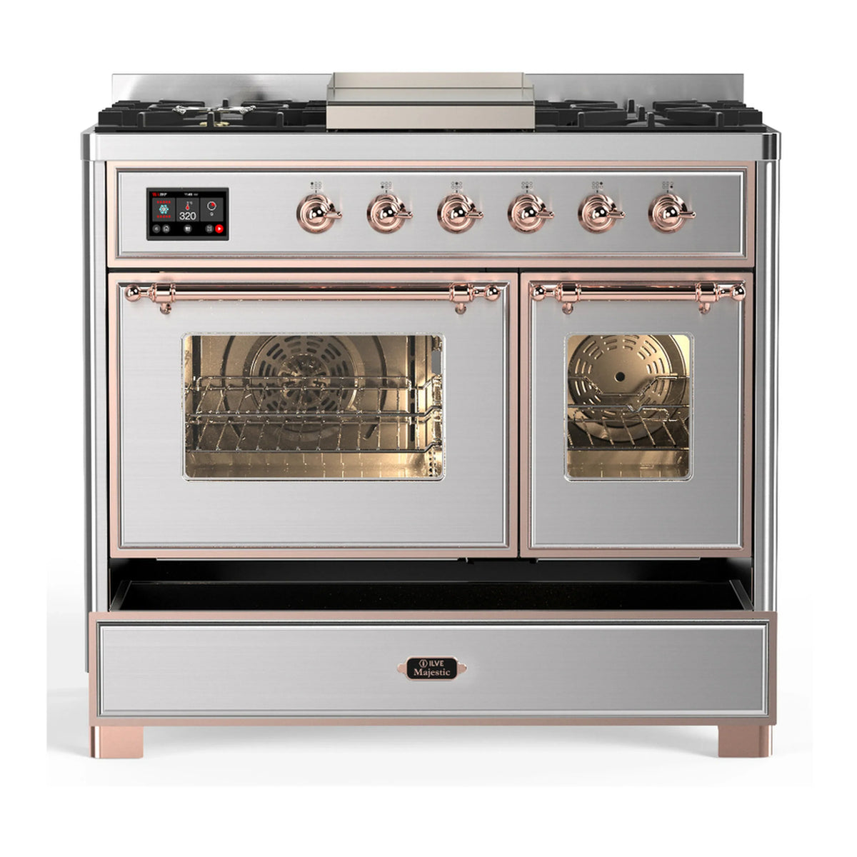 ILVE Majestic III 40-inch Dual Fuel Range with 6 Natural Gas Burner, Griddle and Triple Glass Door Electric Oven in Stainless Steel with Copper Trim (UMD40FNR3SSP)