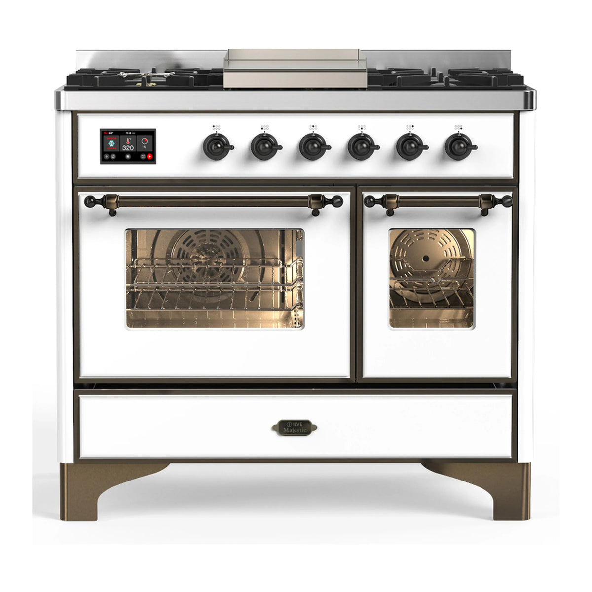 ILVE Majestic III 40-Inch LP Dual Fuel Range, 5 Burners, Griddle, Triple Glass Door Oven, White with Burnished Trim (UMD40FNR3WHBLP)