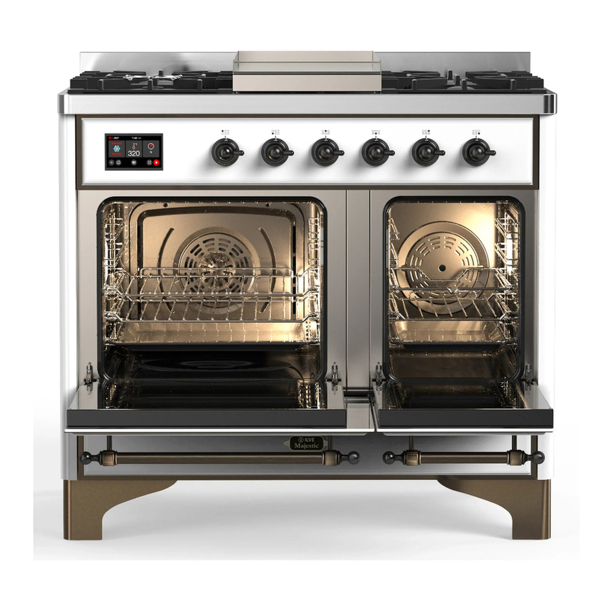 ILVE Majestic III 40-inch Dual Fuel Range with 6 Natural Gas Burner, Griddle and Triple Glass Door Electric Oven in White with Burnished Trim (UMD40FNR3WHB)