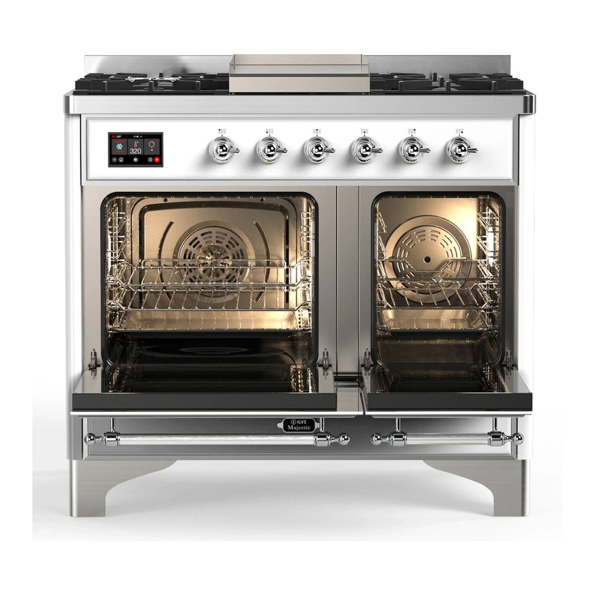 ILVE Majestic III 40-inch Dual Fuel Range with 5 Liquid Propane Burner, Griddle and Triple Glass Door Electric Oven in White with Chrome Trim (UMD40FNR3WHCLP)