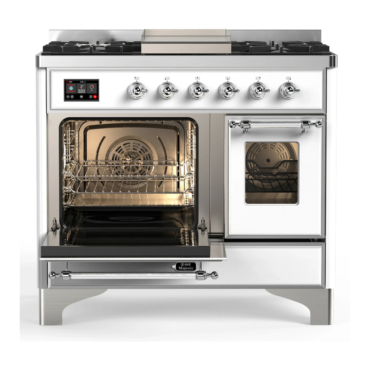 ILVE Majestic III 40-inch Dual Fuel Range with 5 Liquid Propane Burner, Griddle and Triple Glass Door Electric Oven in White with Chrome Trim (UMD40FNR3WHCLP)