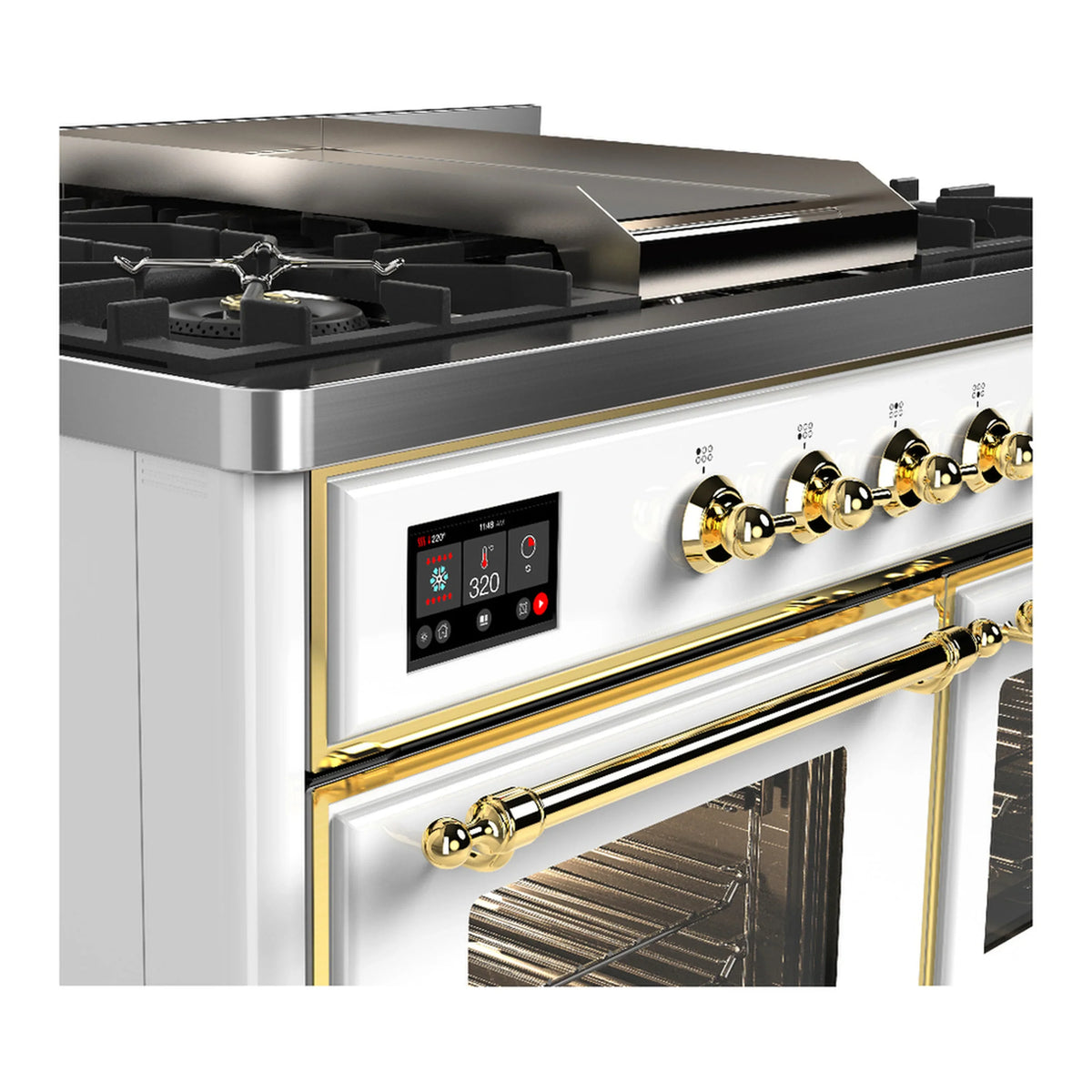 ILVE Majestic III 40-inch Dual Fuel Range with 6 Natural Gas Burner, Griddle and Triple Glass Door Electric Oven in White with Brass Trim (UMD40FNR3WHG)
