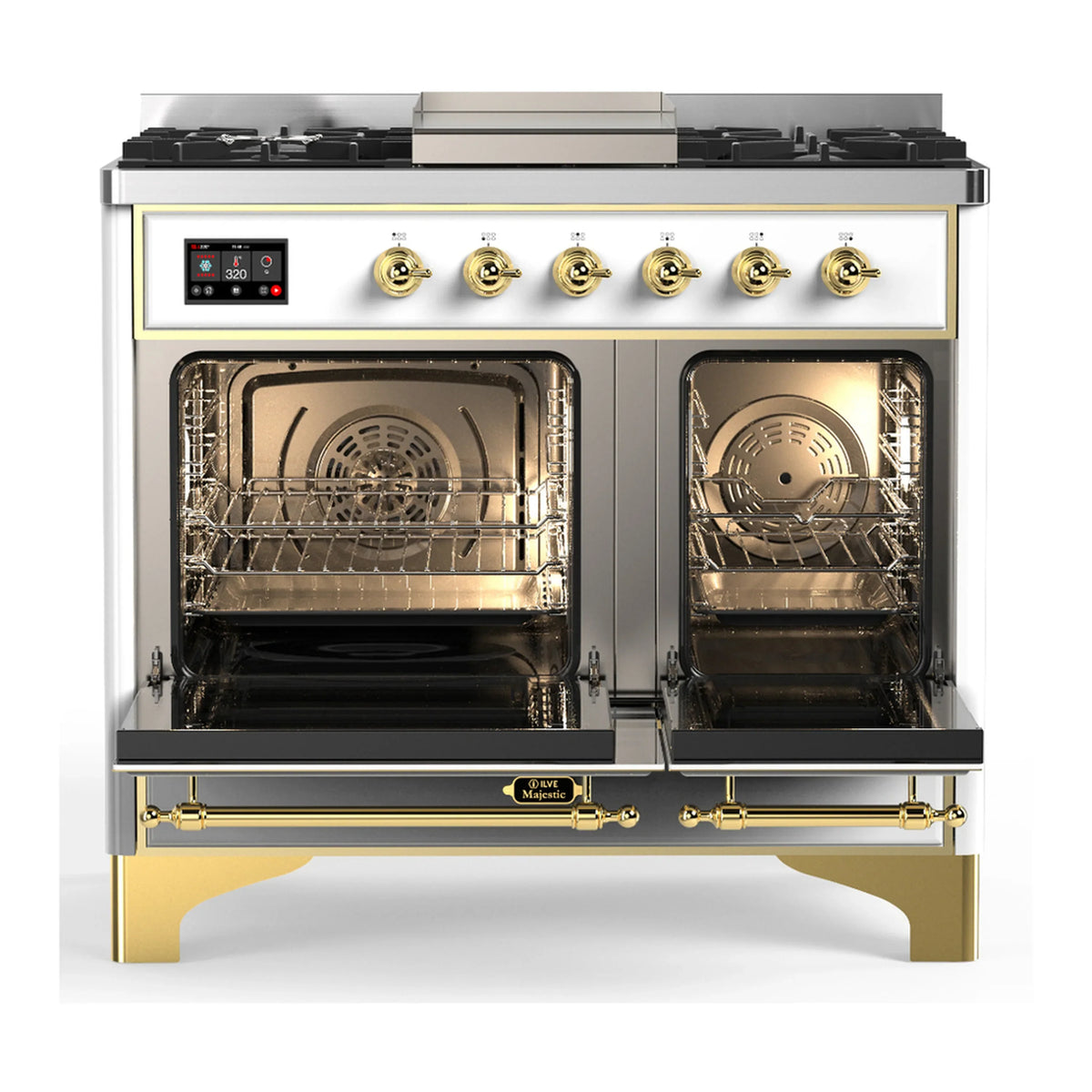 ILVE Majestic III 40-inch Dual Fuel Range with 6 Natural Gas Burner, Griddle and Triple Glass Door Electric Oven in White with Brass Trim (UMD40FNR3WHG)