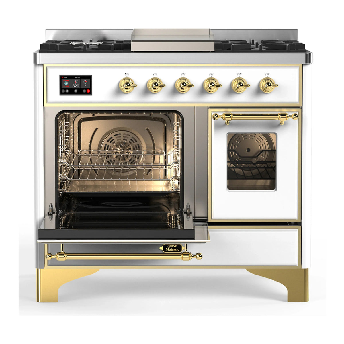 ILVE Majestic III 40-inch Dual Fuel Range with 6 Natural Gas Burner, Griddle and Triple Glass Door Electric Oven in White with Brass Trim (UMD40FNR3WHG)