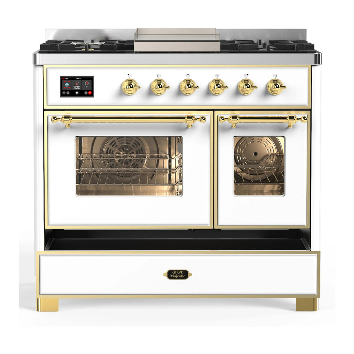 ILVE Majestic III 40-inch Dual Fuel Range with 6 Natural Gas Burner, Griddle and Triple Glass Door Electric Oven in White with Brass Trim (UMD40FNR3WHG)