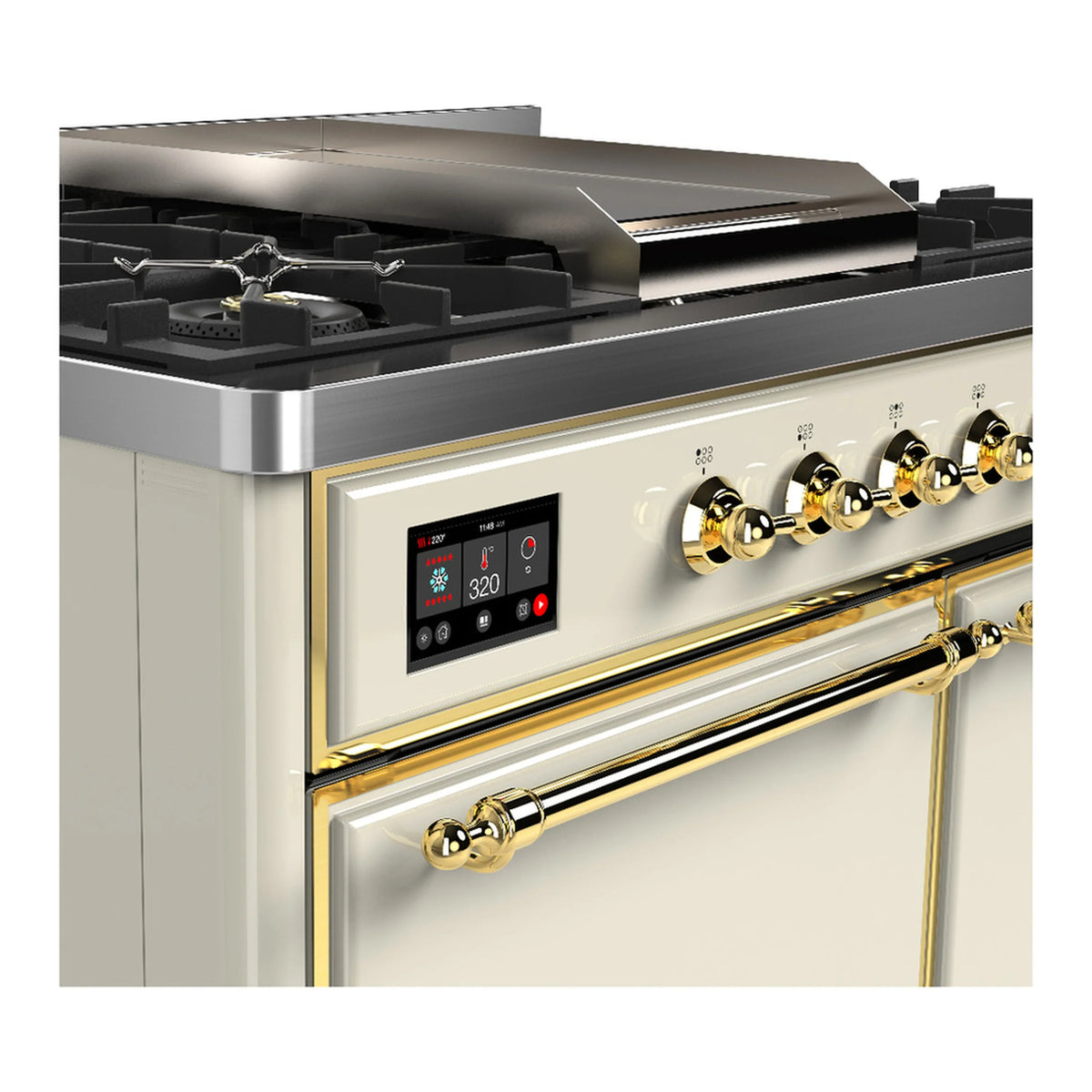 ILVE Majestic III 40-inch Dual Fuel Range with 5 Liquid Propane Burner, Griddle and Solid Door Electric Oven in Antique White with Brass Trim (UMD40FQNR3AWGLP)