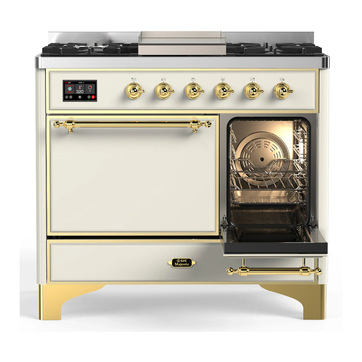 ILVE Majestic III 40-inch Dual Fuel Range with 5 Liquid Propane Burner, Griddle and Solid Door Electric Oven in Antique White with Brass Trim (UMD40FQNR3AWGLP)